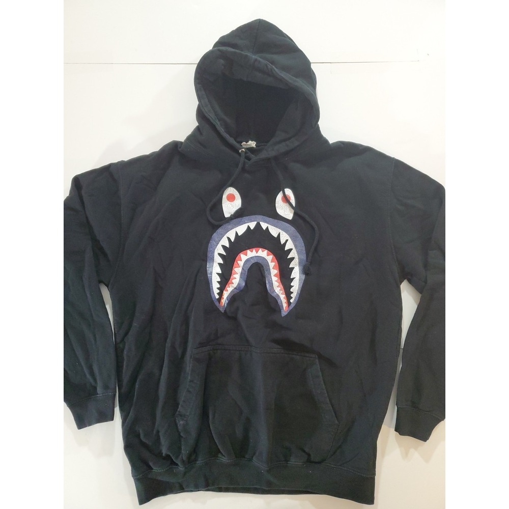 BAPE Shark Mouth Graphic Hoodie Black Cotton Pullover Men's XL Streetwear